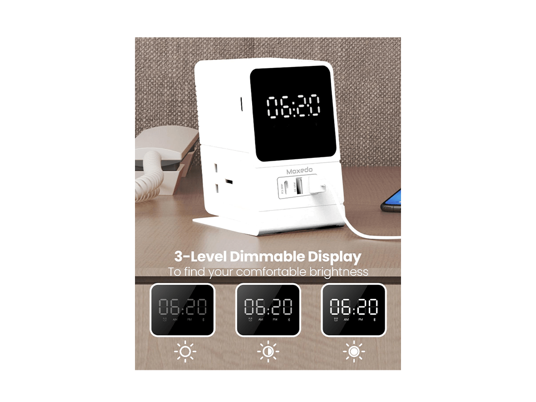 Moxedo Multi- Function 3250W Desktop Charging Hub 2 AC Socket and 3 USB Ports Power Strip 20W USB-C Port 18W QC Port with Wireless Bluetooth Speaker Digital Alarm Clock in Qatar Moxedo Multi- Function 3250W Desktop Charging Hub 2 AC Socket and 3 USB Ports Power Strip 20W USB-C Port 18W QC Port with Wireless Bluetooth Speaker Digital Alarm Clock in Qatar